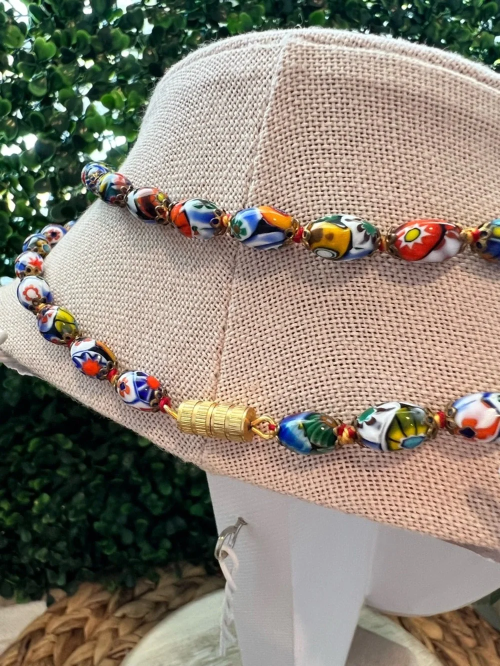 Vintage Murano Millefiori Glass Necklace 28” Hand-Knotted Venetian Mosaic Beads